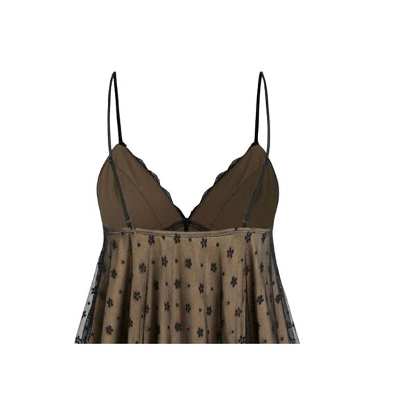 NWT Sexy Floral Lace VNeck Ruffle Cami Stretch Top Adjustable Straps M Black Tan - Picture 5 of 12